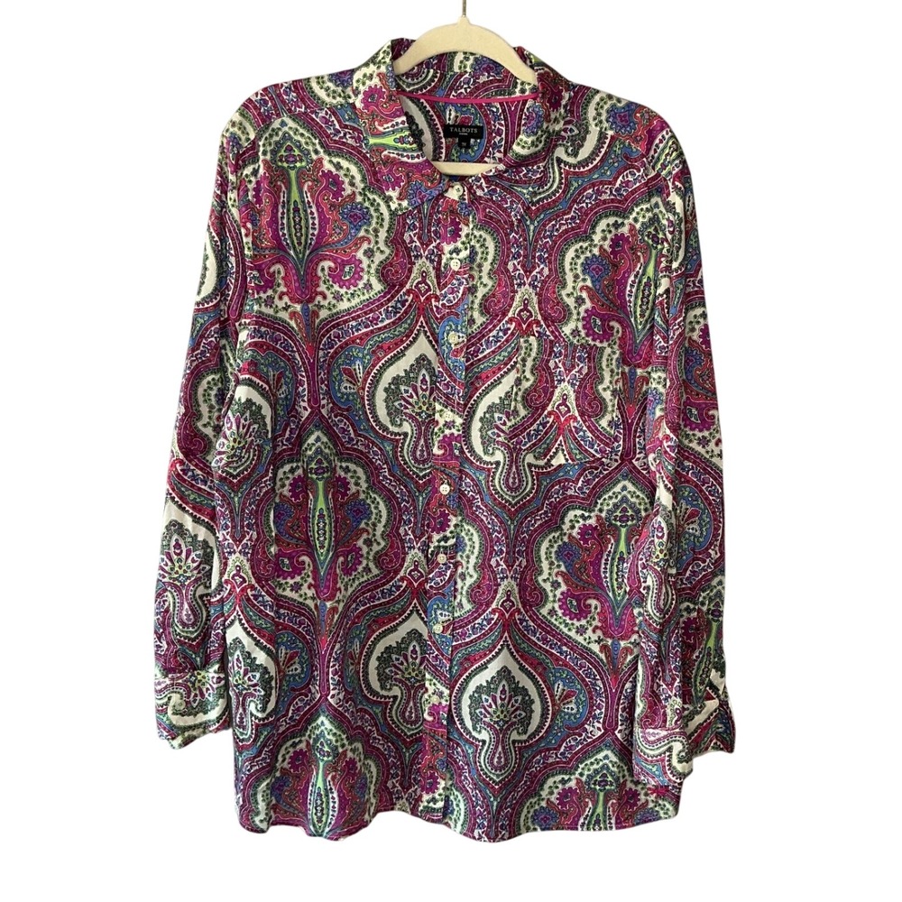 Talbots Woman 3X Paisley Button Down Shirt Pink Purple Blue Roll Tab Sleeve